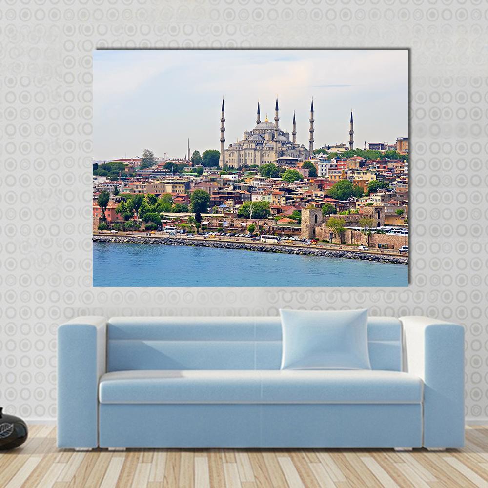 Blue Mosque, Istanbul Canvas Wall Art in white, gray and blue, single panel hung on a wall