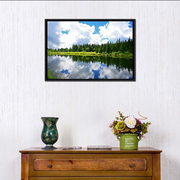 Blue Mountain Lake Canvas Wall Art-1 Piece-Floating Frame-24" x 16"-Tiaracle