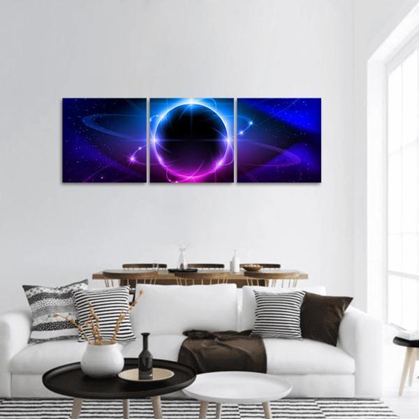 Blue Nebula in Space Panoramic Canvas Wall Art in black, blue and purple, hung on a wall