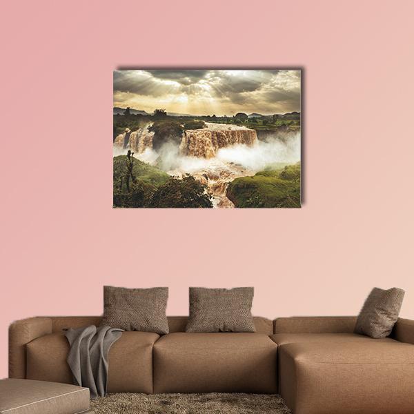 Blue Nile Falls Ethiopia Canvas Wall Art in beige, brown and green, single panel hung on a wall