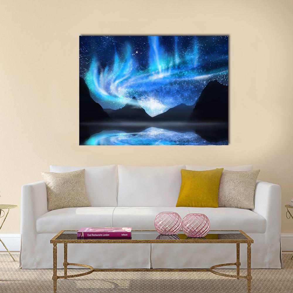 Blue Northern Lights Over Mountains Canvas Wall Art in black and blue, single panel hung on a wall