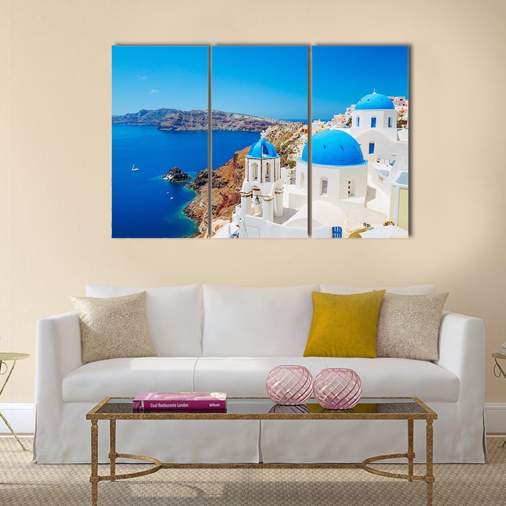 Blue Ocean & Dome Santorini Canvas Wall Art-3 Horizontal-Gallery Wrap-37" x 24"-Tiaracle