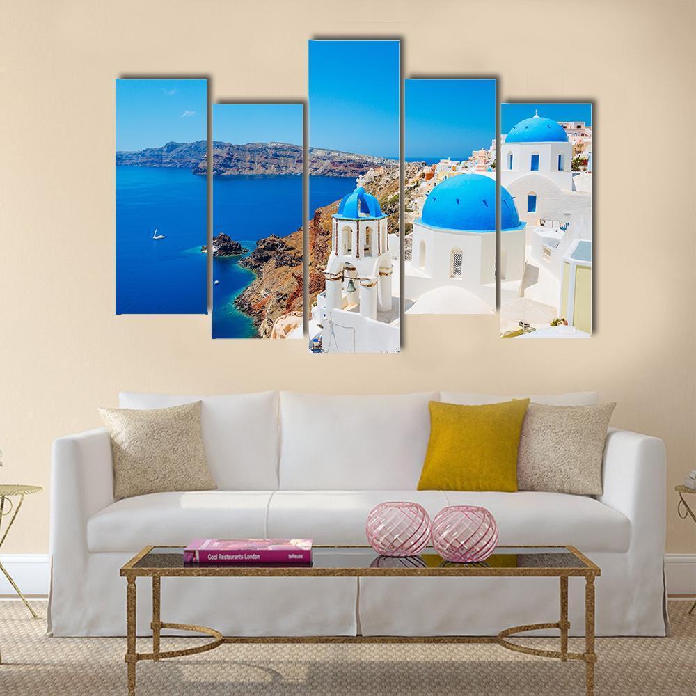 Blue Ocean & Dome Santorini Canvas Wall Art-5 Pop-Gallery Wrap-47" x 32"-Tiaracle