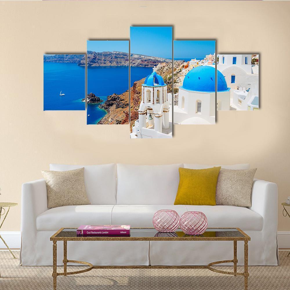 Blue Ocean & Dome Santorini Canvas Wall Art-5 Star-Gallery Wrap-62" x 32"-Tiaracle