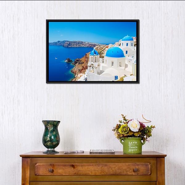 Blue Ocean &amp; Dome Santorini Canvas Wall Art-1 Piece-Floating Frame-24" x 16"-Tiaracle
