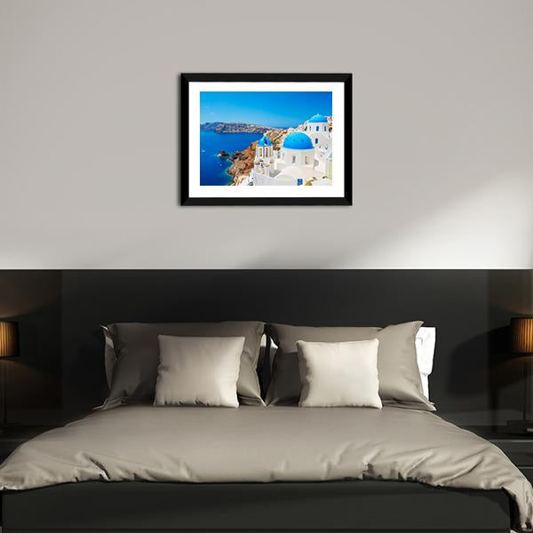 Blue Ocean &amp; Dome Santorini Canvas Wall Art-3 Horizontal-Gallery Wrap-25" x 16"-Tiaracle