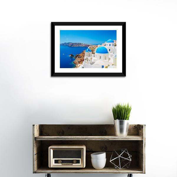 Blue Ocean &amp; Dome Santorini Canvas Wall Art-1 Piece-Framed Print-20" x 16"-Tiaracle