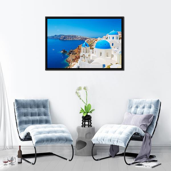 Blue Ocean & Dome Santorini Canvas Wall Art-5 Horizontal-Gallery Wrap-22" x 12"-Tiaracle