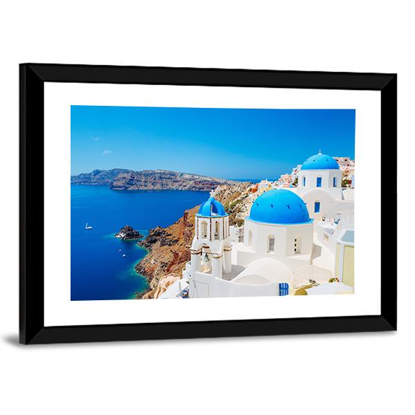 Blue Ocean & Dome Santorini Canvas Wall Art-5 Horizontal-Gallery Wrap-22" x 12"-Tiaracle