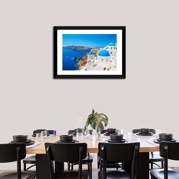 Blue Ocean & Dome Santorini Canvas Wall Art-5 Horizontal-Gallery Wrap-22" x 12"-Tiaracle