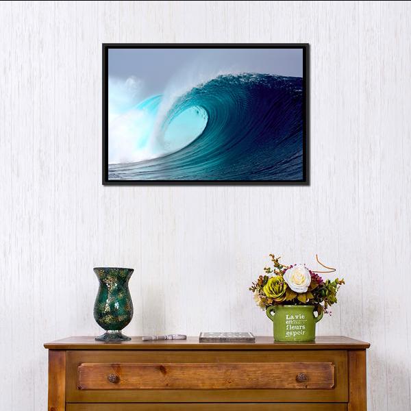 Blue Tropical Surfing Wave Canvas Wall Art in white, blue and navy, framed canvas, product view on a white background