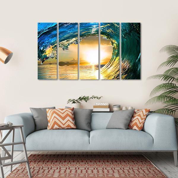 Green Ocean Wave At Sunset Canvas Wall Art-5 Horizontal-Gallery Wrap-22" x 12"-Tiaracle