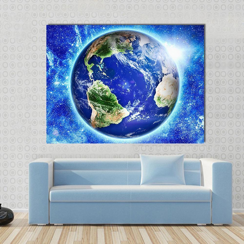 Blue Planet Earth from Space Canvas Wall Art in white and blue, single panel hung on a wall