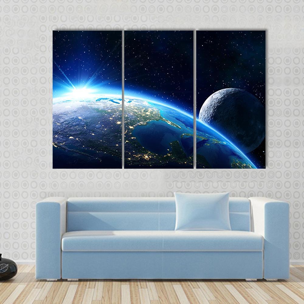 Blue Planet Earth &amp; Moon Canvas Wall Art-3 Horizontal-Gallery Wrap-37" x 24"-Tiaracle