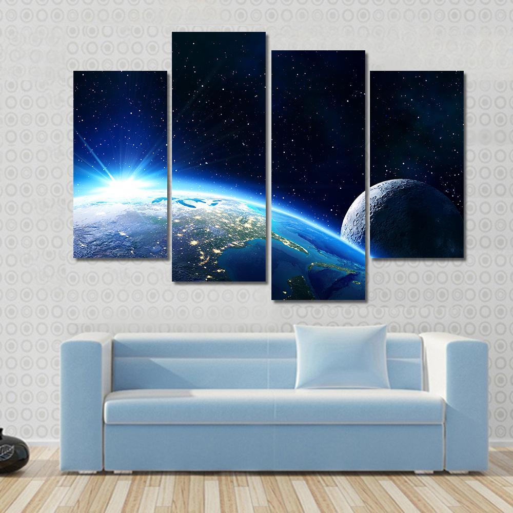 Blue Planet Earth &amp; Moon Canvas Wall Art-4 Pop-Gallery Wrap-50&quot; x 32&quot;-Tiaracle