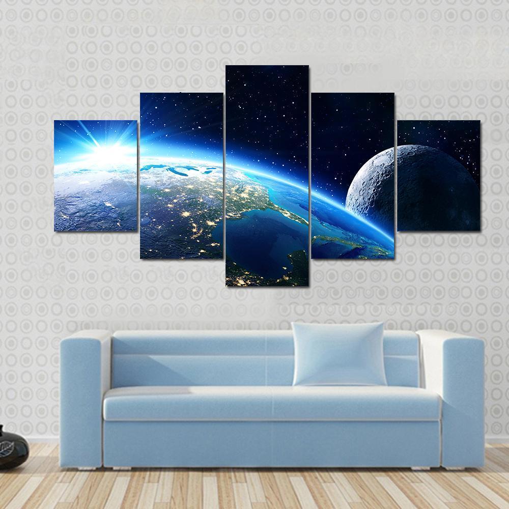 Blue Planet Earth &amp; Moon Canvas Wall Art-5 Star-Gallery Wrap-62&quot; x 32&quot;-Tiaracle