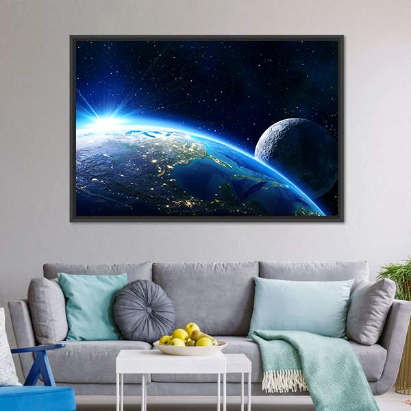 Blue Planet Earth & Moon Canvas Wall Art-1 Piece-Floating Frame-24" x 16"-Tiaracle