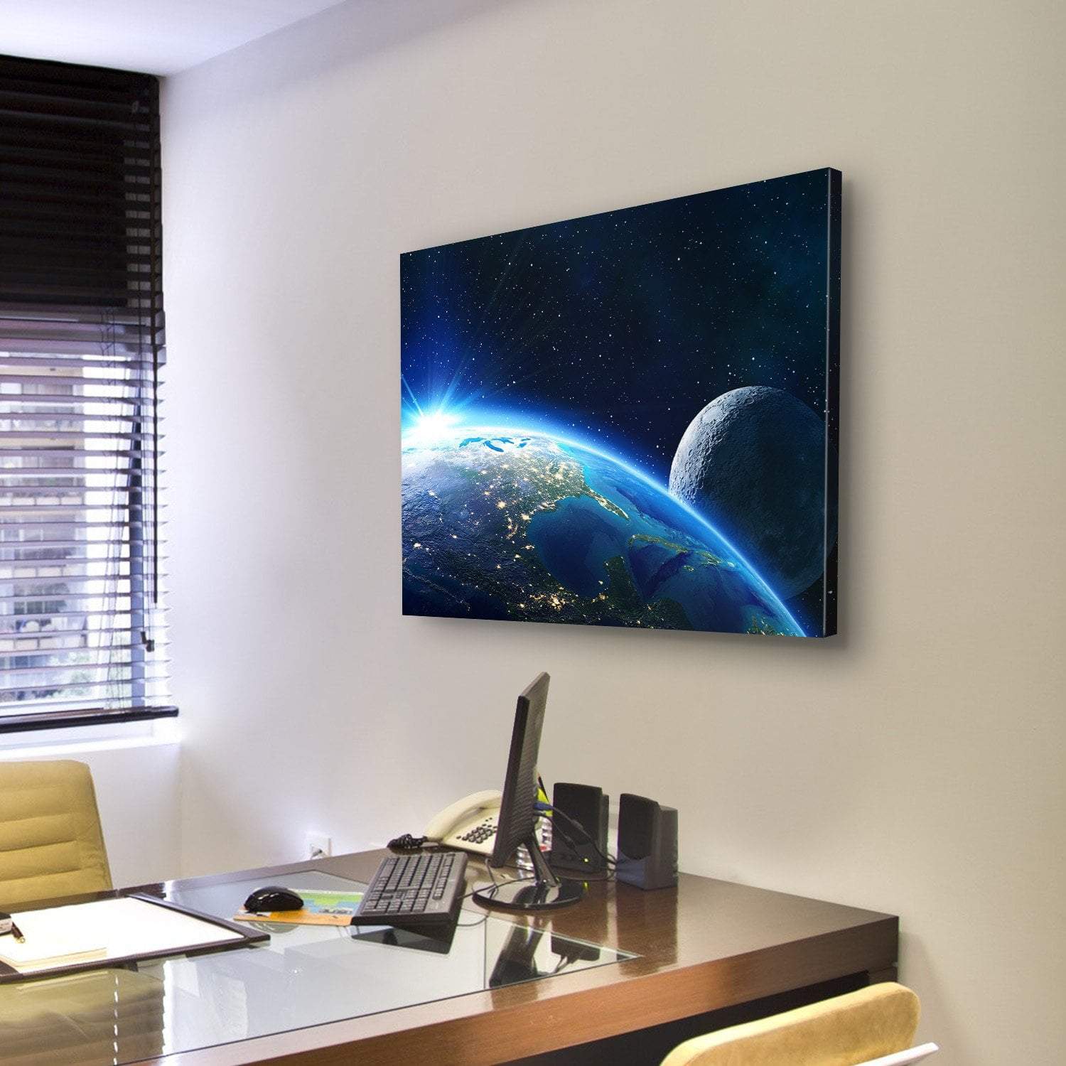 Blue Planet Earth & Moon Canvas Wall Art-3 Horizontal-Gallery Wrap-37" x 24"-Tiaracle