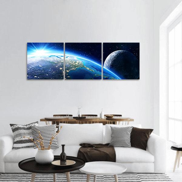 Blue Planet Earth &amp; Moon Panoramic Canvas Wall Art-3 Piece-25" x 08"-Tiaracle
