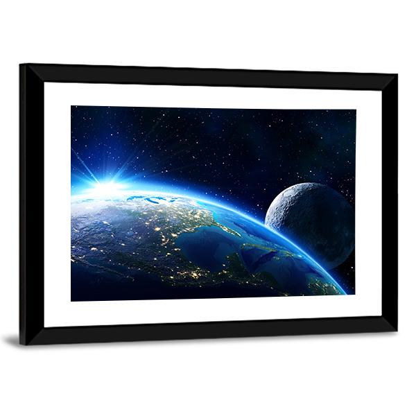 Blue Planet Earth &amp; Moon Panoramic Canvas Wall Art-1 Piece-36" x 12"-Tiaracle