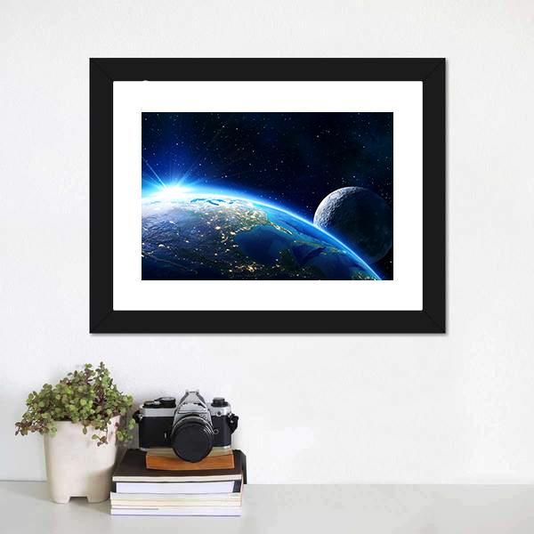Blue Planet Earth & Moon Panoramic Canvas Wall Art-1 Piece-36" x 12"-Tiaracle