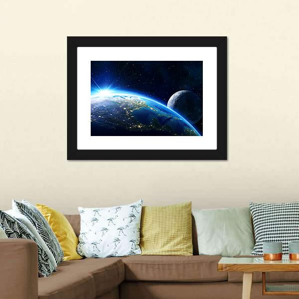 Blue Planet Earth &amp; Moon Panoramic Canvas Wall Art-1 Piece-36" x 12"-Tiaracle
