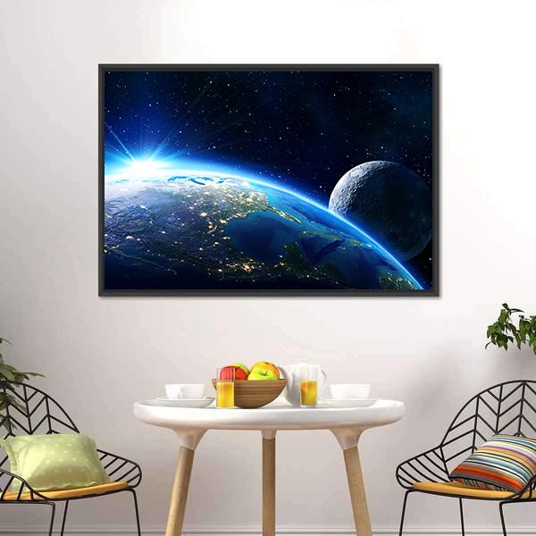 Blue Planet Earth & Moon Panoramic Canvas Wall Art-1 Piece-36" x 12"-Tiaracle