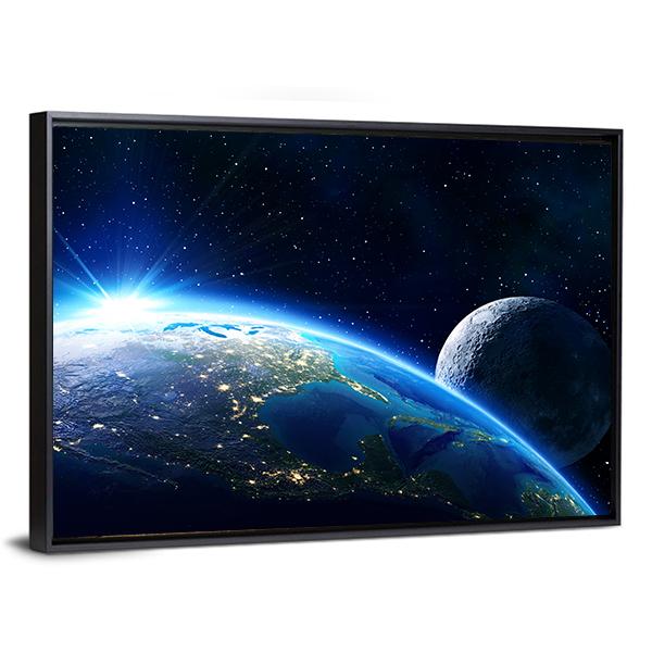 Blue Planet Earth & Moon Vertical Canvas Wall Art-3 Vertical-Gallery Wrap-12" x 25"-Tiaracle