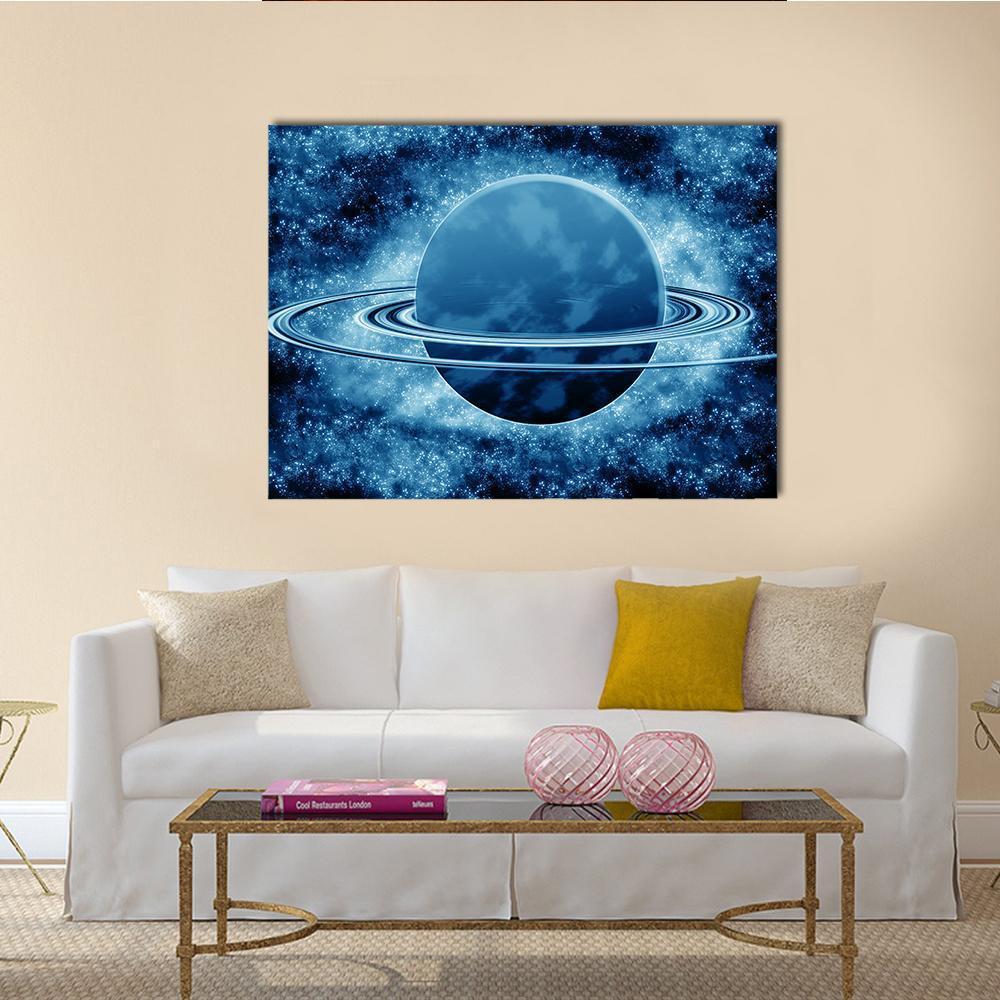 Blue Ringed Planet in Deep Space Canvas Wall Art in black, blue and navy, single panel hung on a wall