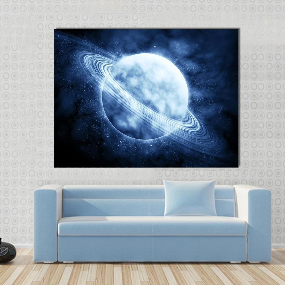 Blue Planet in Space Canvas Wall Art in black, white and blue, single panel hung on a wall