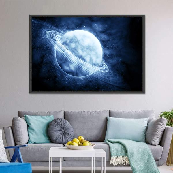 Blue Planet in Space Canvas Wall Art in black, white and blue, framed canvas, product view on a white background