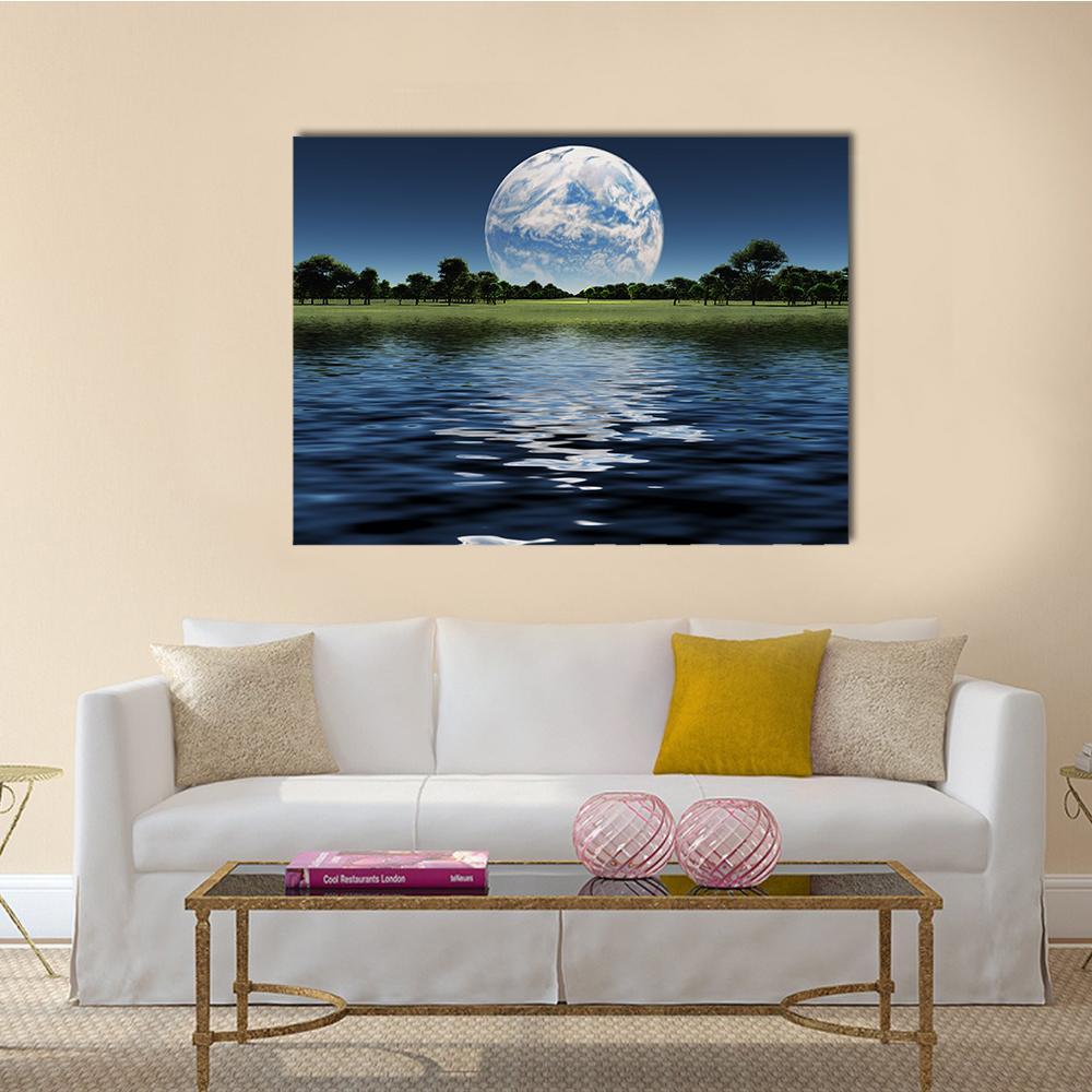 Blue Planet on the Horizon Canvas Wall Art in green, blue and navy, single panel hung on a wall