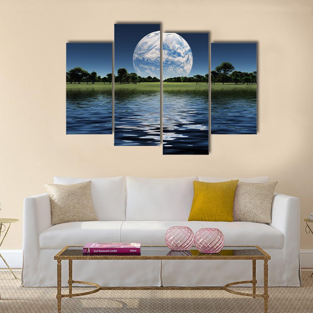 Blue Planet On The Horizon Canvas Wall Art-4 Pop-Gallery Wrap-50" x 32"-Tiaracle