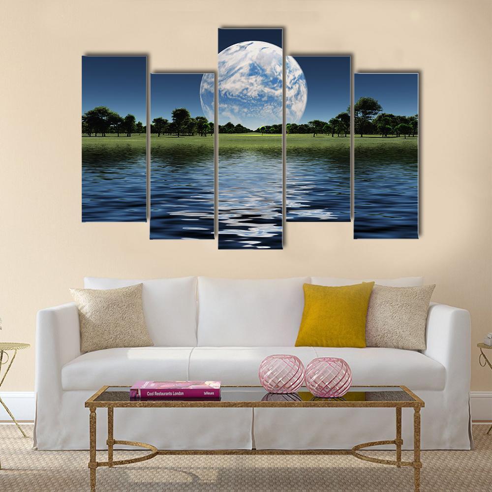 Blue Planet On The Horizon Canvas Wall Art-1 Piece-Gallery Wrap-48" x 32"-Tiaracle