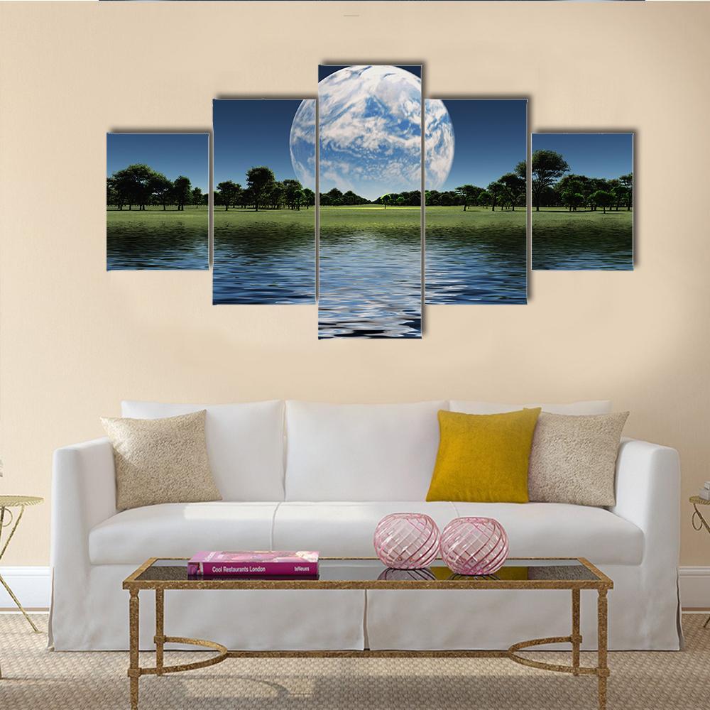 Blue Planet On The Horizon Canvas Wall Art-5 Star-Gallery Wrap-62" x 32"-Tiaracle
