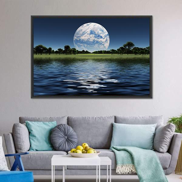 Blue Planet On The Horizon Canvas Wall Art-1 Piece-Floating Frame-24" x 16"-Tiaracle