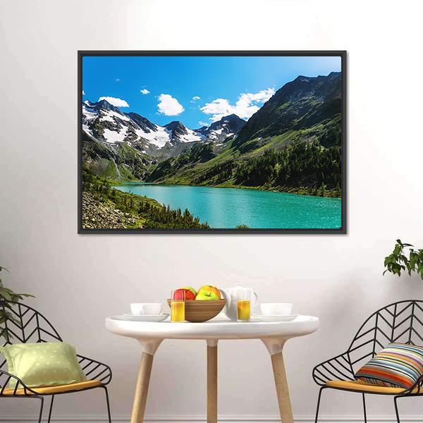 Blue River In Mountains Canvas Wall Art-1 Piece-Floating Frame-24" x 16"-Tiaracle