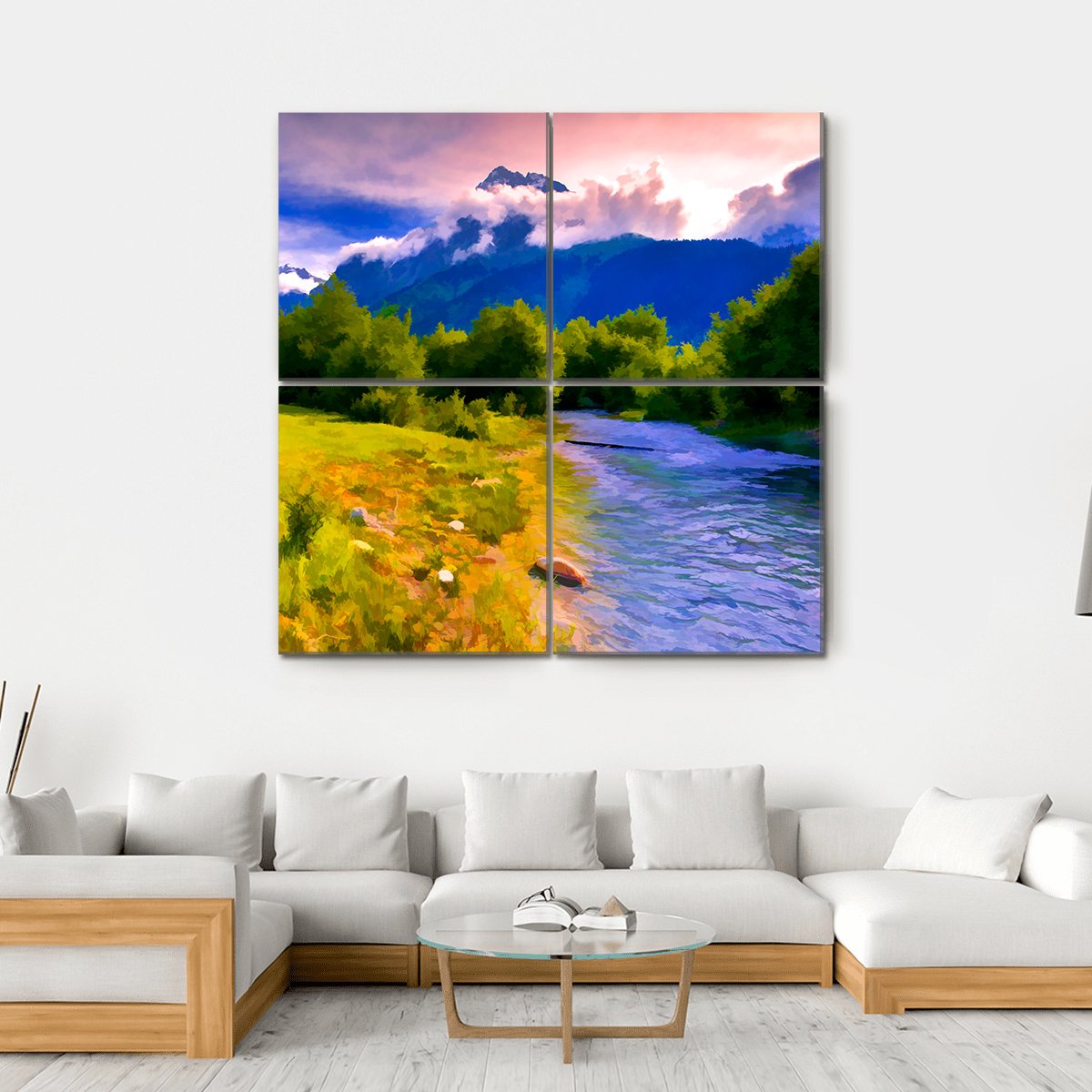 Blue River Watercolor Canvas Wall Art-4 Square-Gallery Wrap-17" x 17"-Tiaracle