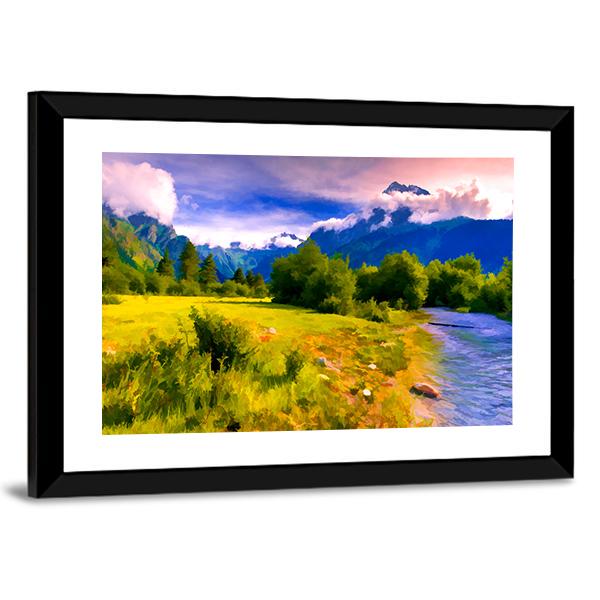 Blue River Watercolor Panoramic Canvas Wall Art-1 Piece-36" x 12"-Tiaracle
