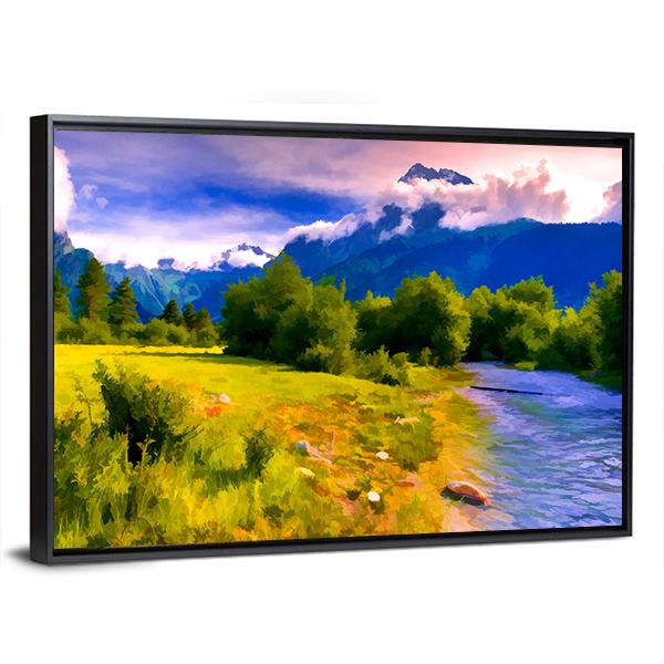 Blue River Watercolor Panoramic Canvas Wall Art-1 Piece-36" x 12"-Tiaracle