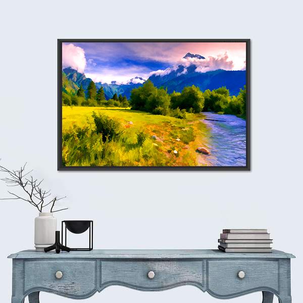 Blue River Watercolor Panoramic Canvas Wall Art-1 Piece-36" x 12"-Tiaracle