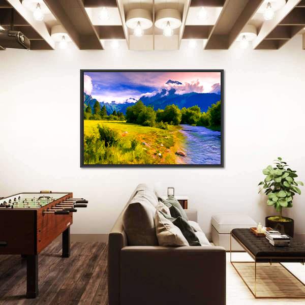 Blue River Watercolor Panoramic Canvas Wall Art-1 Piece-36" x 12"-Tiaracle
