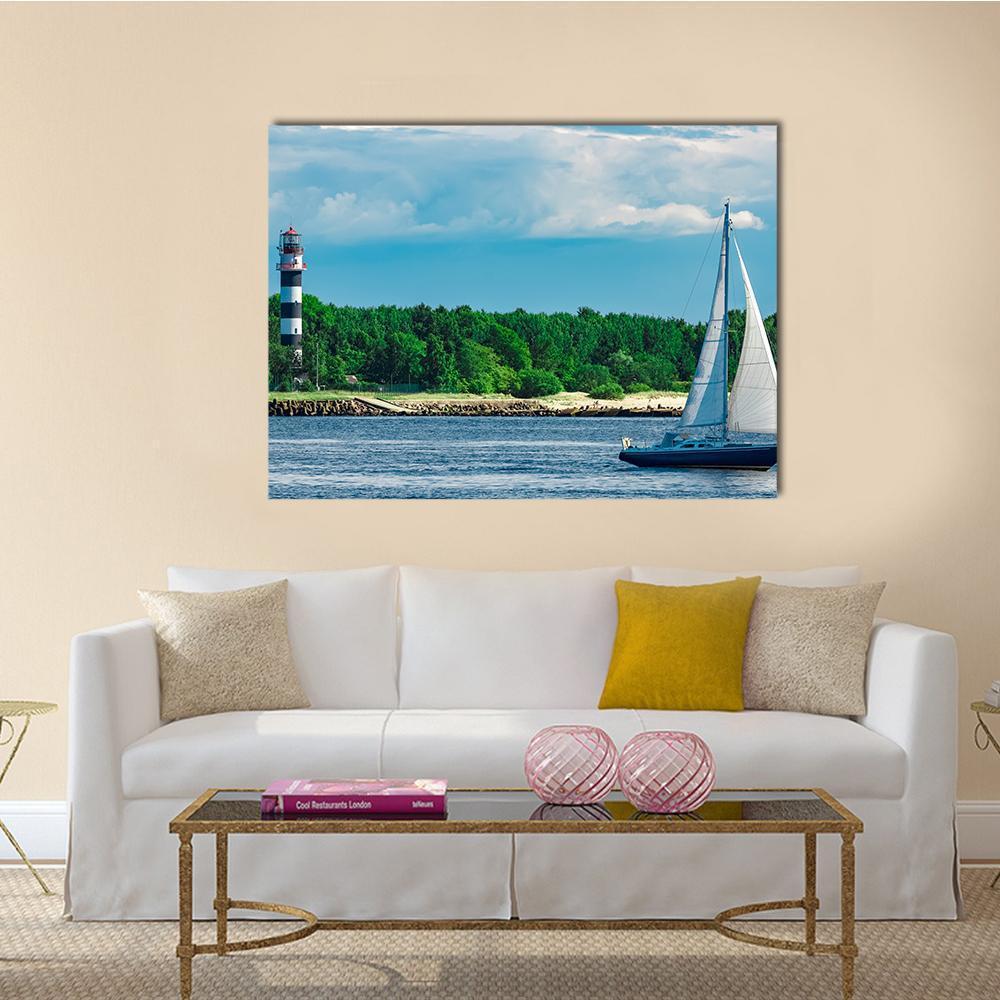 Blue Sailboat In Sea Canvas Wall Art-1 Piece-Gallery Wrap-48" x 32"-Tiaracle