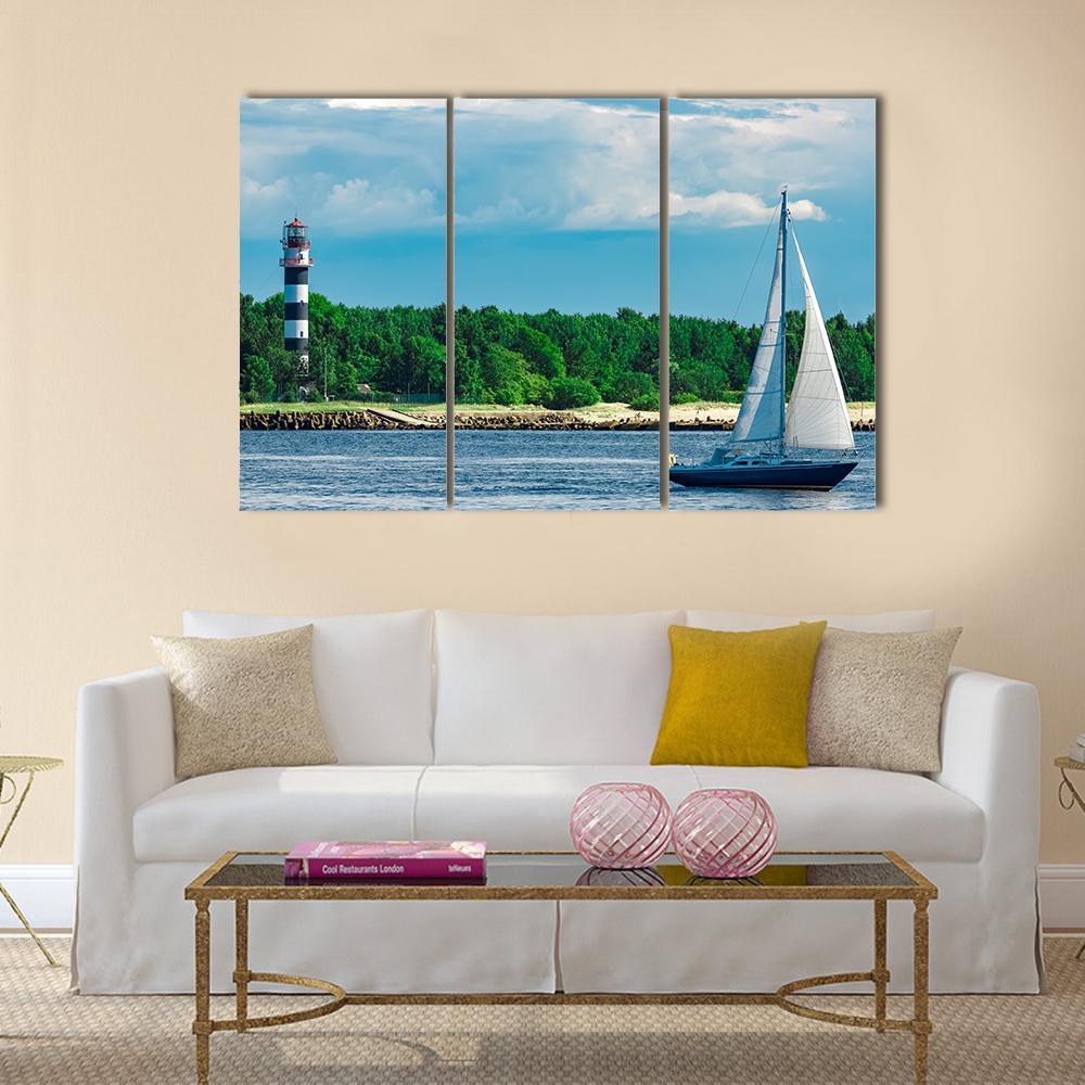 Blue Sailboat In Sea Canvas Wall Art-3 Horizontal-Gallery Wrap-37" x 24"-Tiaracle