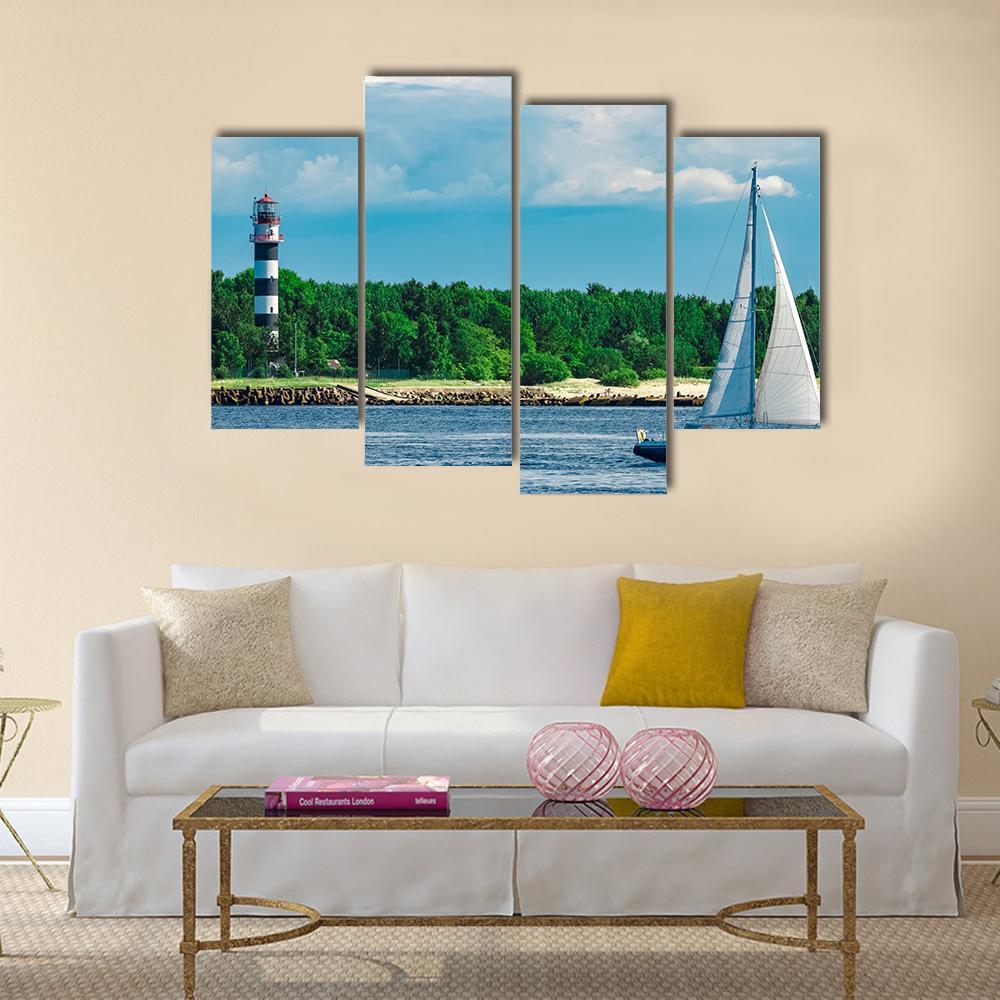 Blue Sailboat In Sea Canvas Wall Art-4 Pop-Gallery Wrap-50" x 32"-Tiaracle