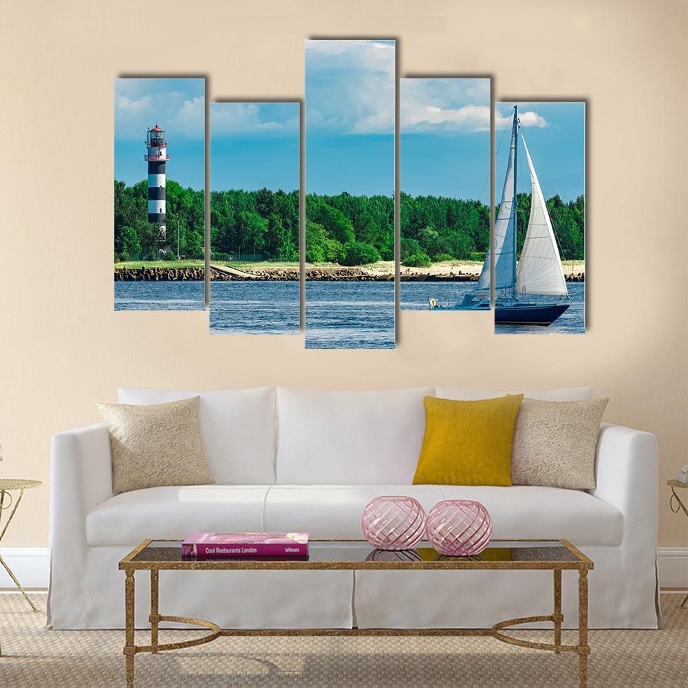 Blue Sailboat In Sea Canvas Wall Art-5 Pop-Gallery Wrap-47" x 32"-Tiaracle