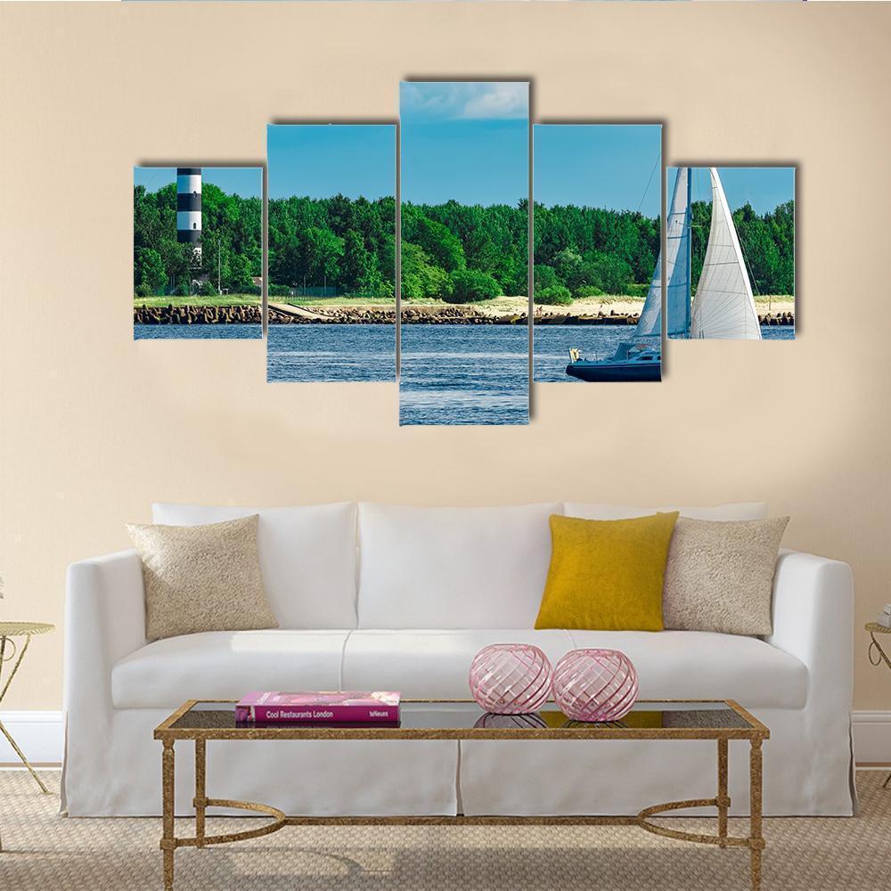Blue Sailboat In Sea Canvas Wall Art-5 Star-Gallery Wrap-62" x 32"-Tiaracle