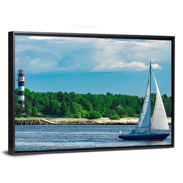 Blue Sailboat In Sea Canvas Wall Art-3 Horizontal-Gallery Wrap-25" x 16"-Tiaracle