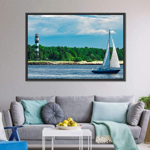 Blue Sailboat In Sea Canvas Wall Art-1 Piece-Floating Frame-24" x 16"-Tiaracle