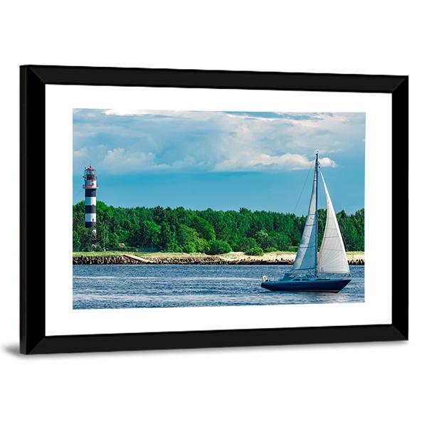 Blue Sailboat In Sea Canvas Wall Art-3 Horizontal-Gallery Wrap-25" x 16"-Tiaracle